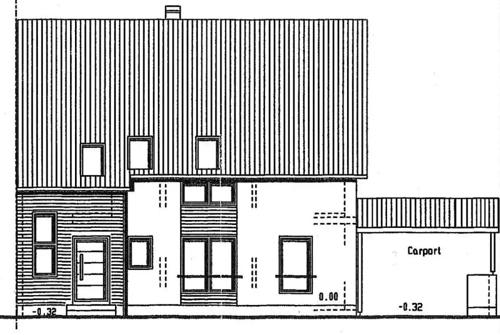 Bauzeichnung der Straßenansicht des Neubaus in Jockgrim mit Carport